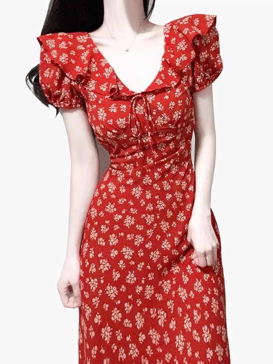 2025 Summer New Red Floral Tea Break Ruffled V-Neck French Waist Dress R0918