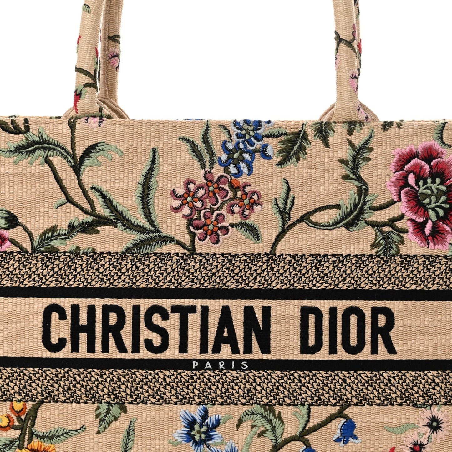 Raffia Embroidered Petites Fleurs Medium Book Tote Natural
