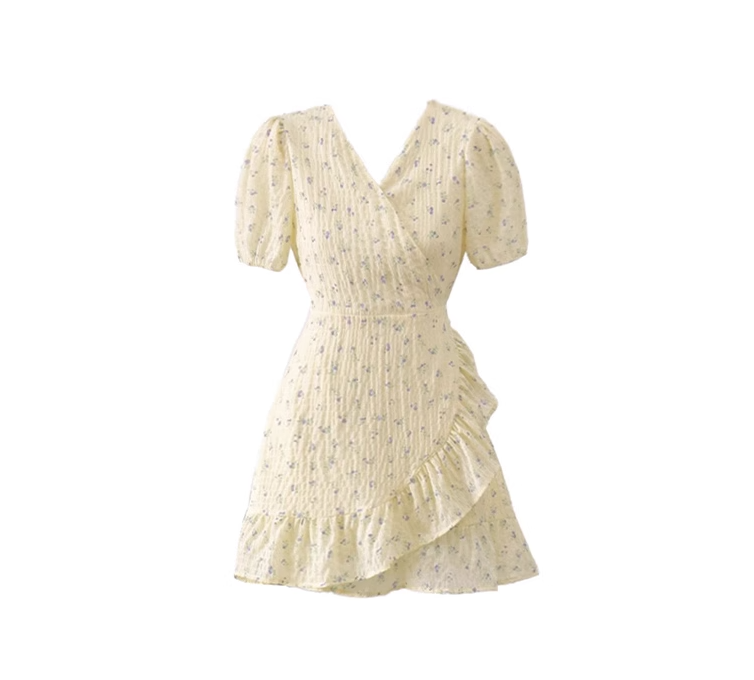 Tea break floral sweet puff sleeve dress female summer V-neck short skirt one-piece wrap dress R0118