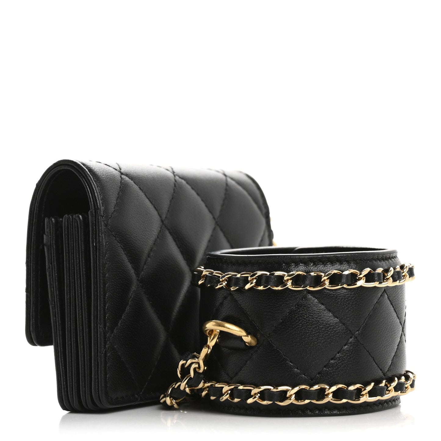 Lambskin Quilted Flap Card Holder With Cuff Black