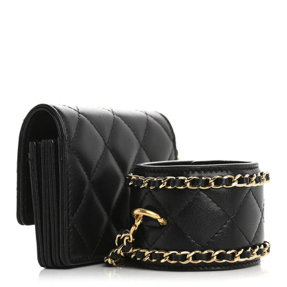 Lambskin Quilted Flap Card Holder With Cuff Black