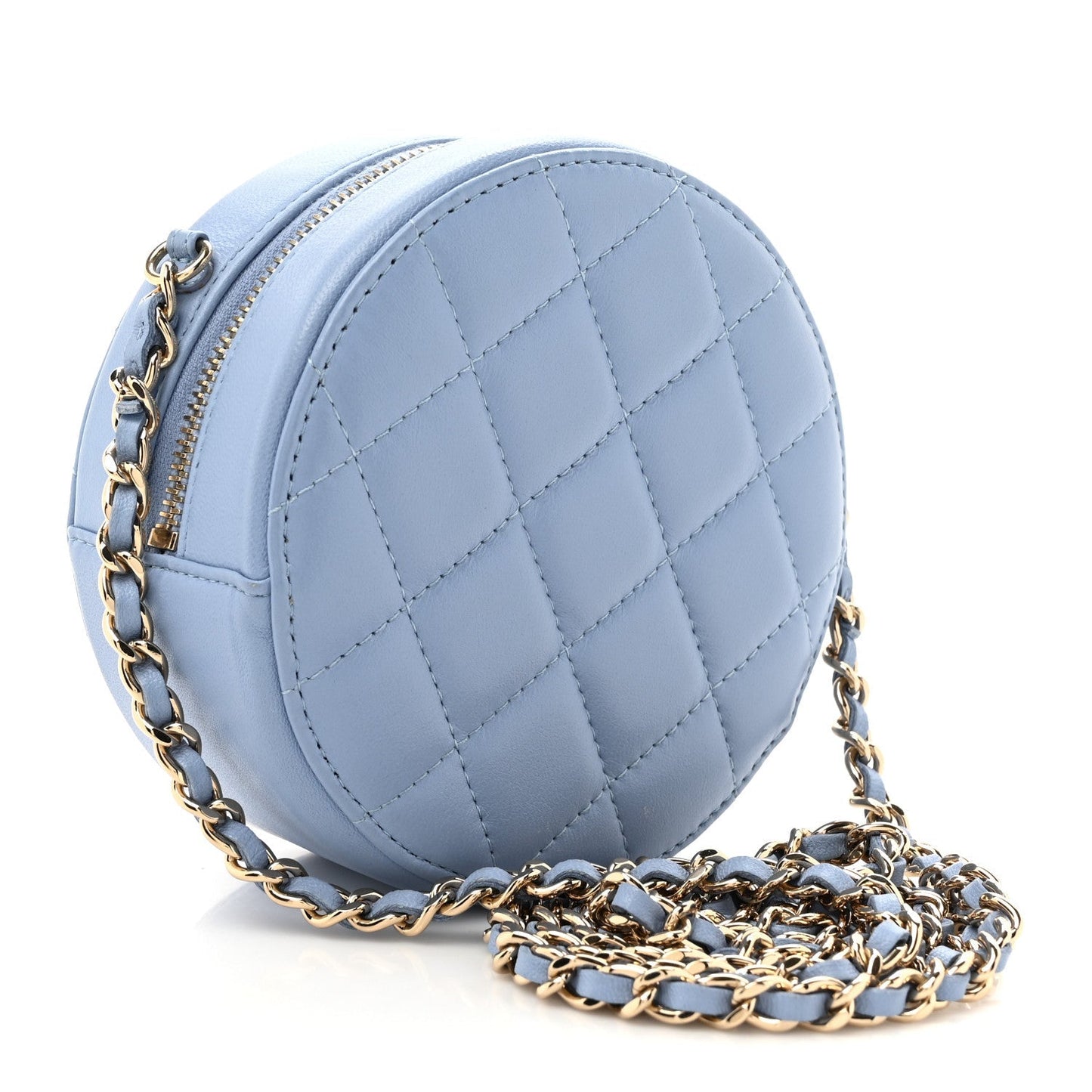 Lambskin Quilted Round Clutch With Chain Light Blue