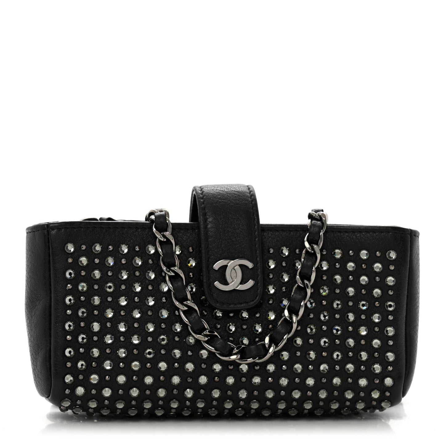 Calfskin Strass Studded Mini Phone Holder Clutch Black