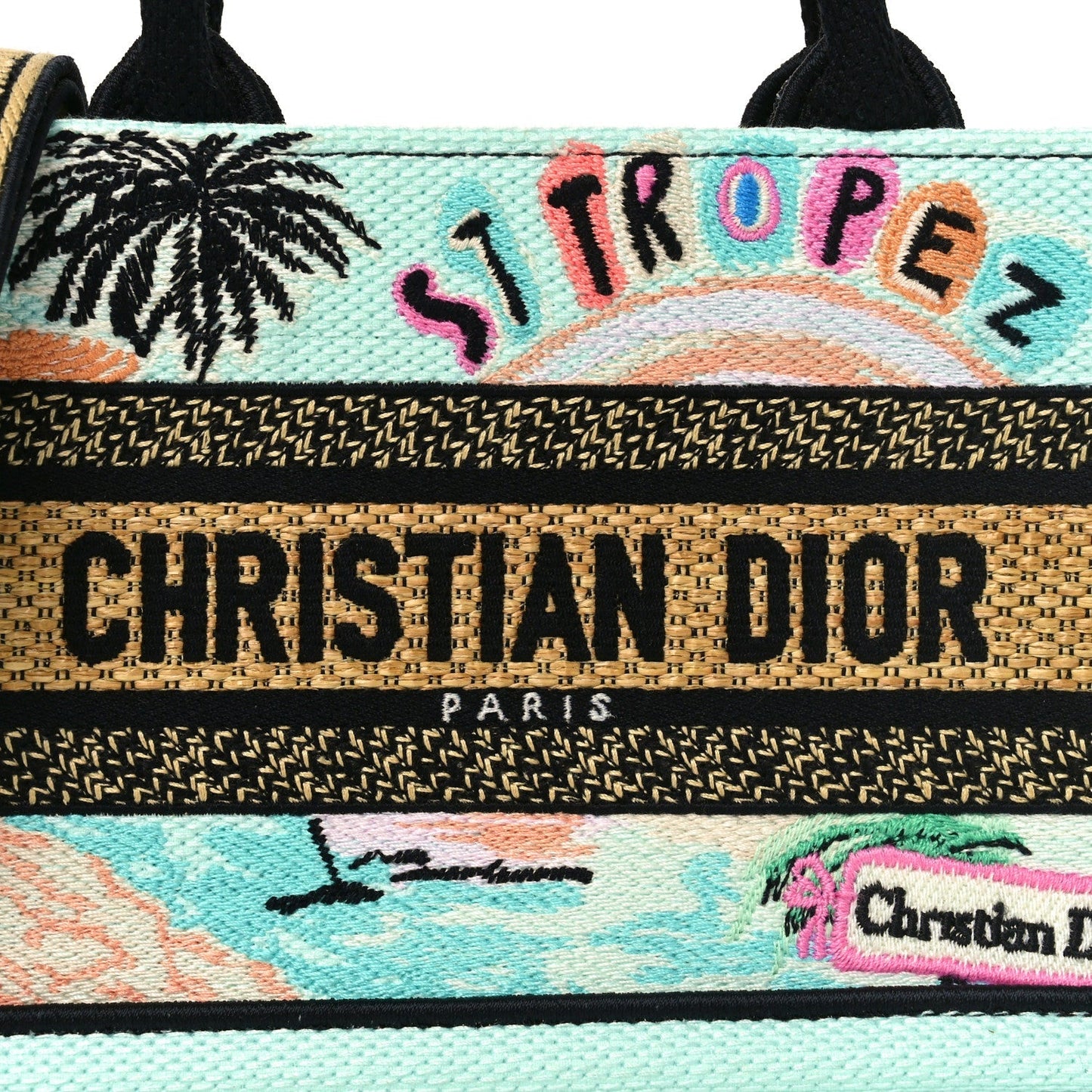 Canvas Embroidered Souvenir Saint Tropez Mini Book Tote With Strap Natural Multicolor