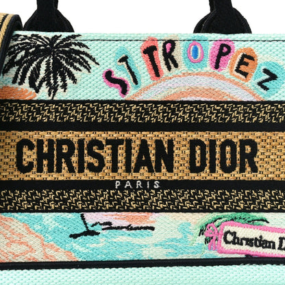 Canvas Embroidered Souvenir Saint Tropez Mini Book Tote With Strap Natural Multicolor