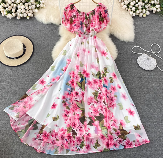 2025 new style ruffled one-shoulder printed two-way long skirt high waist slimming super fairy big swing dress R0352