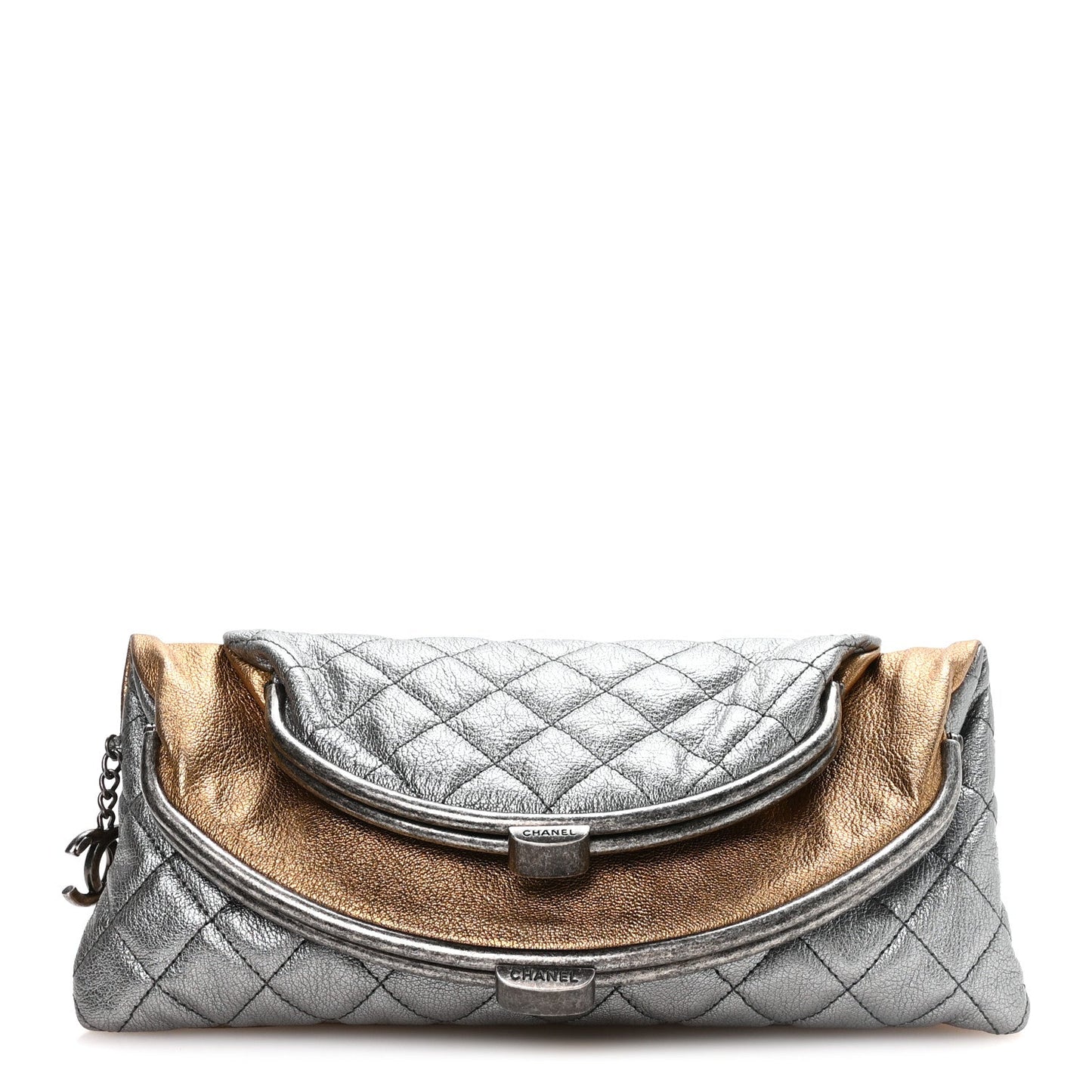 Metallic Goatskin Quilted Frame Clasp Flap Clutch Silver Gold