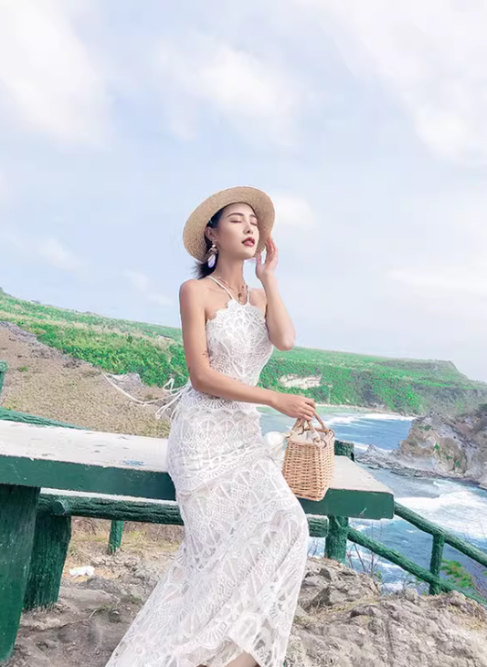 Lace Embroidery Halter Neck Dress Holiday Slim Fit Long Dress Backless Fishtail Beach Dress Women R0185