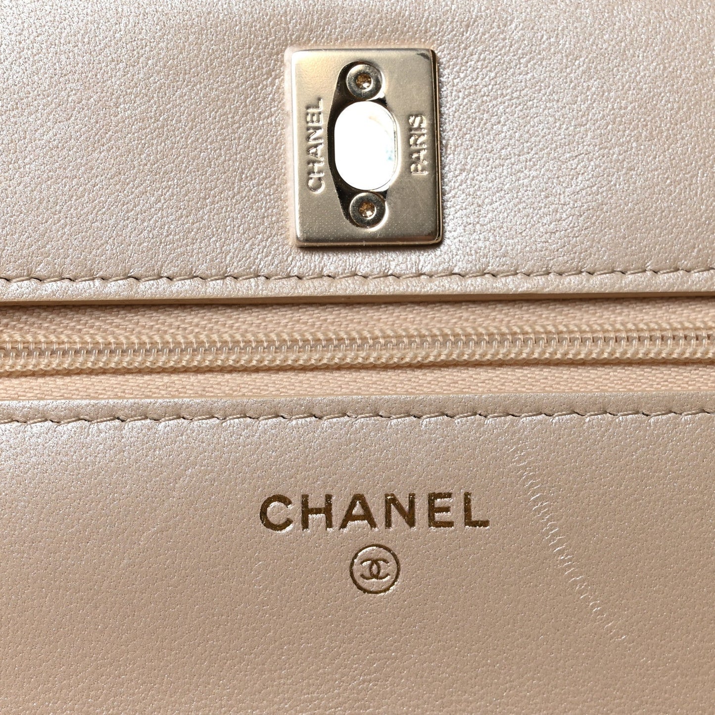 Pearly Lambskin Quilted Charms Wallet On Chain WOC Beige