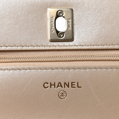 Pearly Lambskin Quilted Charms Wallet On Chain WOC Beige