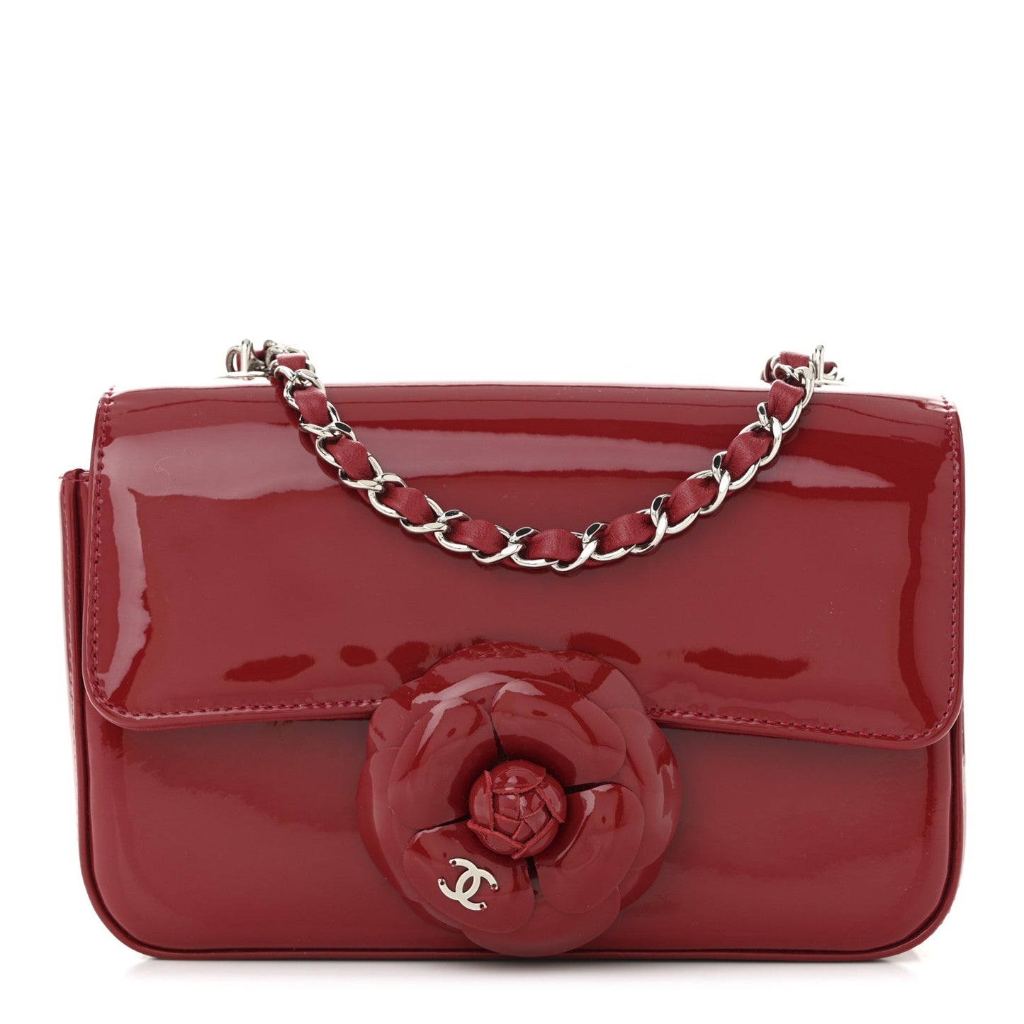 Patent Calfskin Small Camellia Flap Red