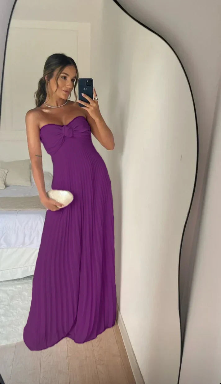 Strapless A Line Pink Long Prom Dress Pleated Formal Party Gown