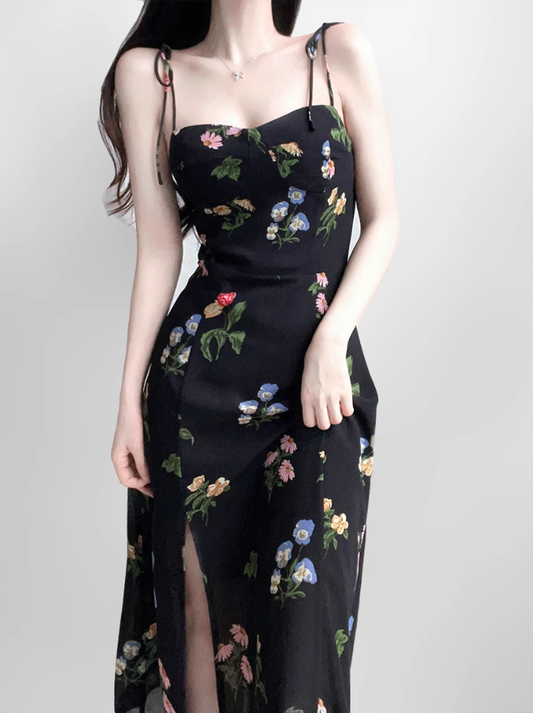 2025 summer new retro black floral waist slim sexy suspender dress R0917