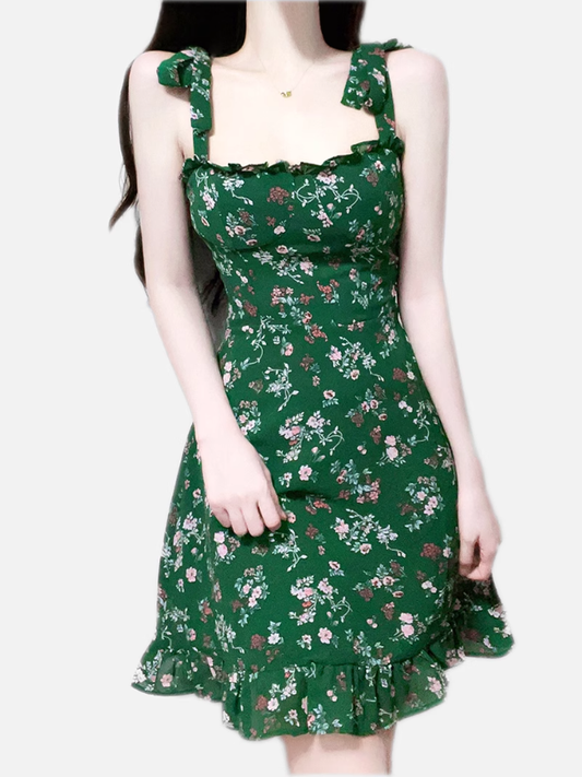 2025 Summer New Retro Green Floral Fungus Small A-line Suspender Dress R0926