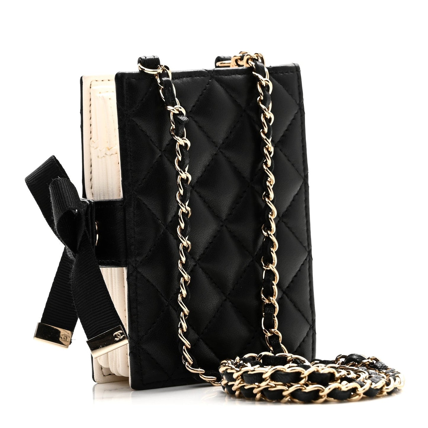 Lambskin Quilted Book Card Holder on Chain Black