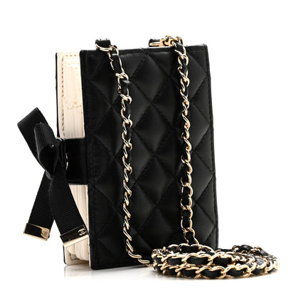 Lambskin Quilted Book Card Holder on Chain Black