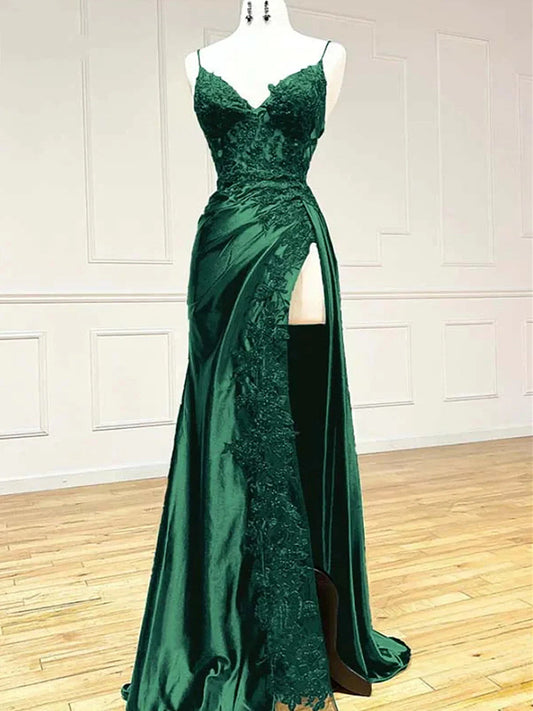 Green Satin with Lace Straps Long Evening Dress Prom Dress, Green Satin Party Dres