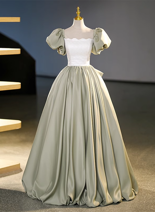 Green Short Sleeves Ball Gown Satin Long Sweetheart Dress, Green Long Formal Dress