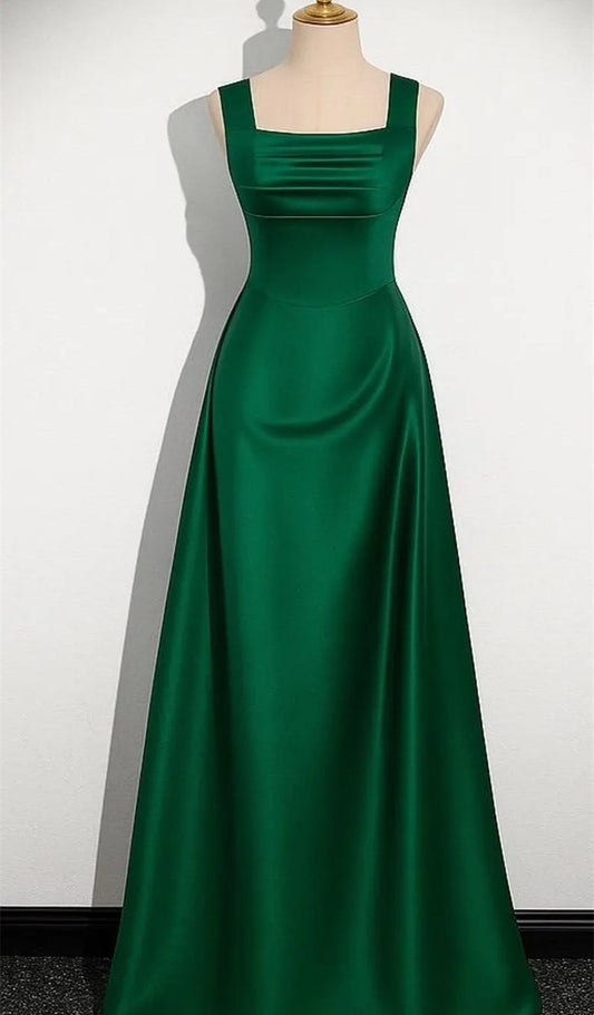 Green Simple Satin A-line Strapls Low Back Prom Dress, Green Satin Evening Dress