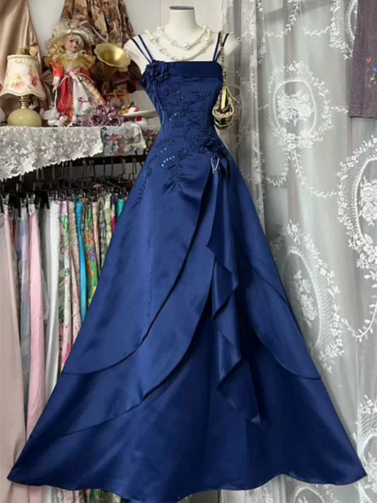 A-line Blue Satin Ruffle Prom Gown,Vintage Style Prom Dress with Beaded