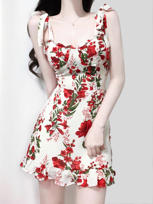 2025 Summer New French High Waist Holiday Red Floral Sling Short Dress R0961