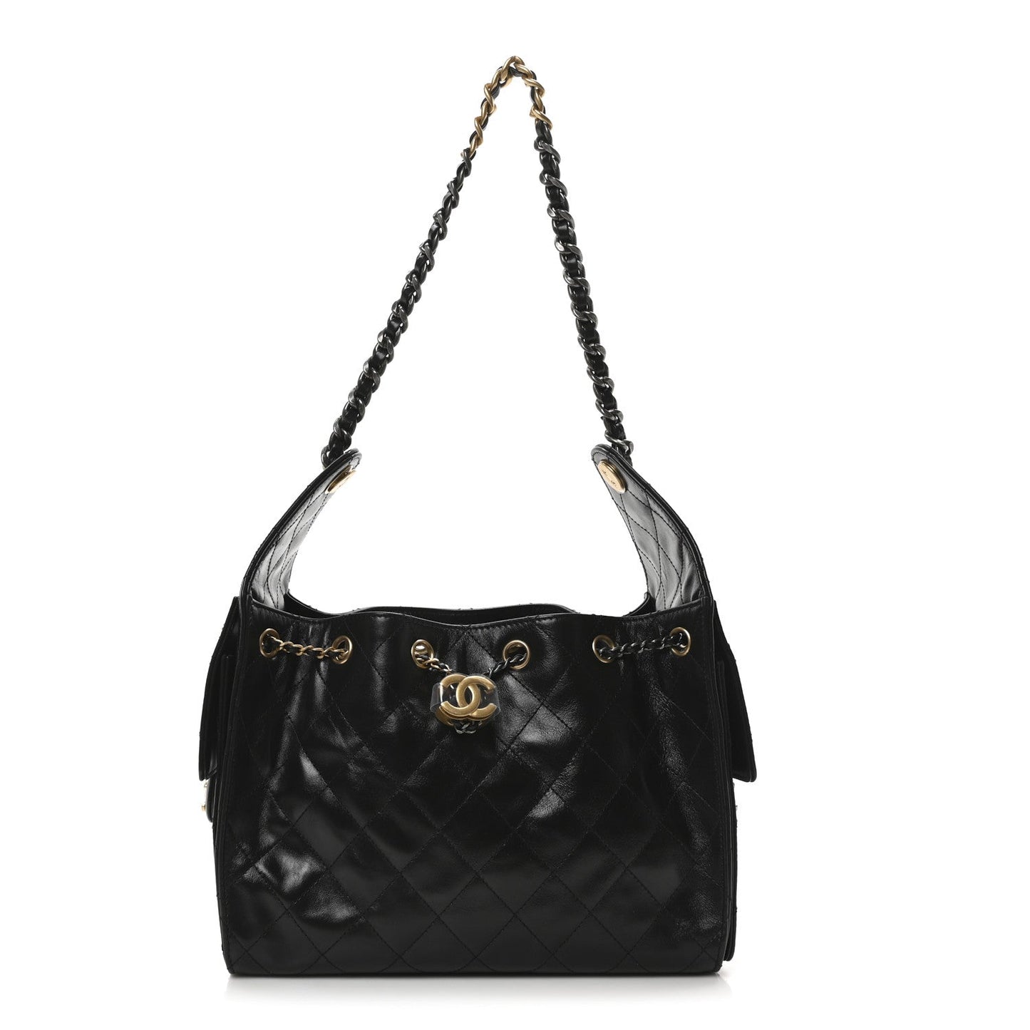 Shiny Crumpled Calfskin Quilted Small Chanel 25 Handbag Black