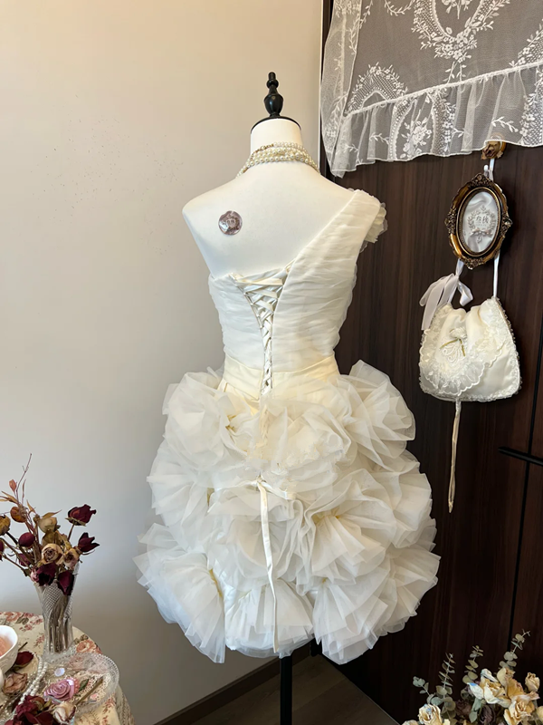 White asymmetrical neckline waist design cake skirt short skirt homecoming dress R4273