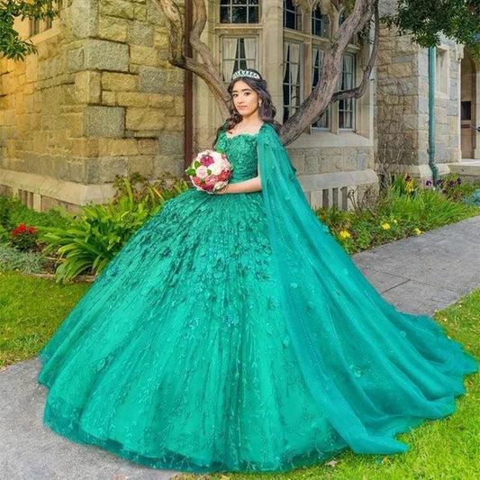 Green Sparkly Quinceanera Dresses With Cape Tassels Sweet 16 Dresses Ball Gown 3D Flowers Tulle Birthday Gowns