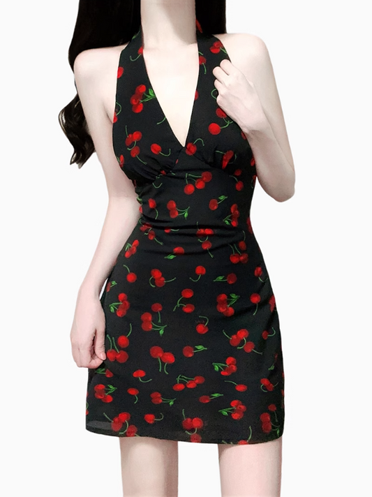 2025 Summer New Halter Backless Black Cherry V-Neck Retro Short Dress R0942
