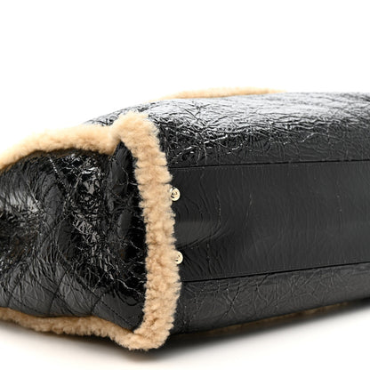 Shiny Crumpled Sheepskin Shearling CC Mania Tote Bag Black Beige