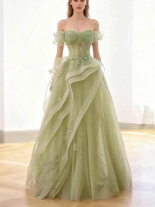 Green Sweetheart Tulle A-line Off Shoulder Prom Dress, Green Tulle Lace Applique Beaded Party Dress