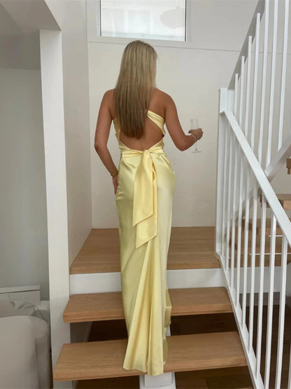 Light Yellow V-neckline Cross Back Satin Evening Dress, Light Yellow Prom Dress