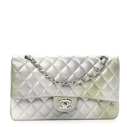 Metallic Goatskin Quilted Ombre Medium Double Flap Grey Green
