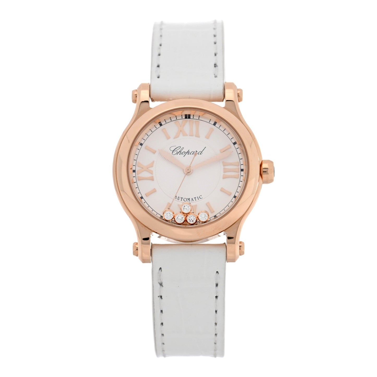 18K Rose Gold Alligator 5 Diamond 30mm Happy Sport Automatic Watch White