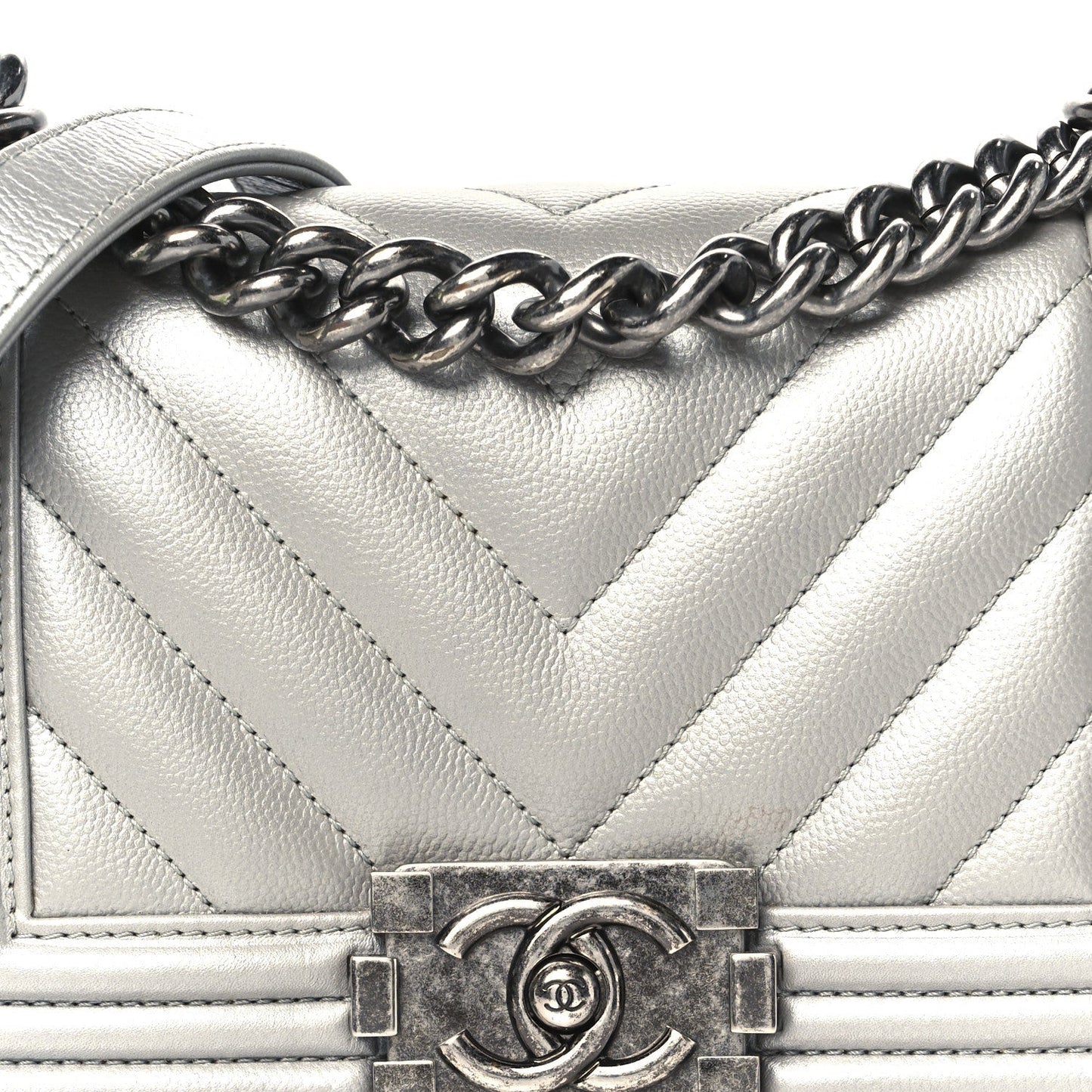 Metallic Caviar Chevron Quilted Small Boy Flap Silver