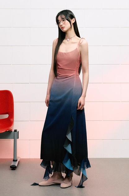 Design suspender dress high waist summer waist slimming gradient irregular long skirt R3328