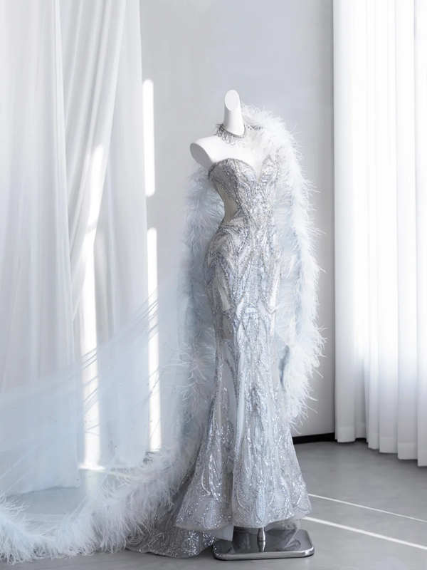 Light gray-blue strapless, fitted, bodycon, fishtail long ball gown R8431