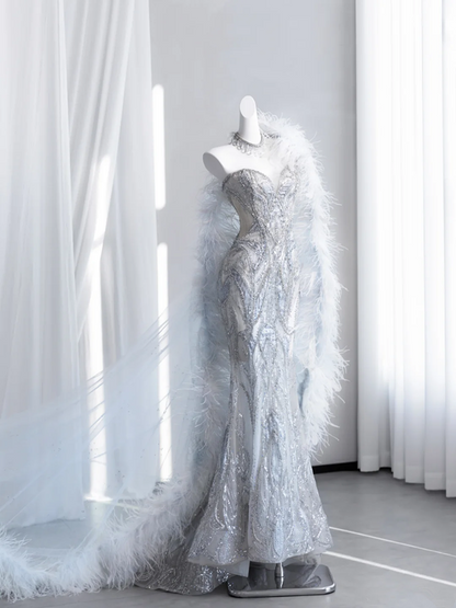 Light gray-blue strapless, fitted, bodycon, fishtail long ball gown R8431