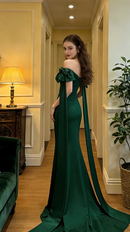 Green off-the-shoulder fitted waist slimming hip-hugging sexy long ball gown R8619