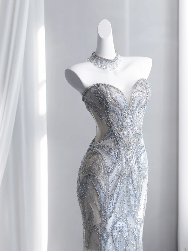 Light gray-blue strapless, fitted, bodycon, fishtail long ball gown R8431