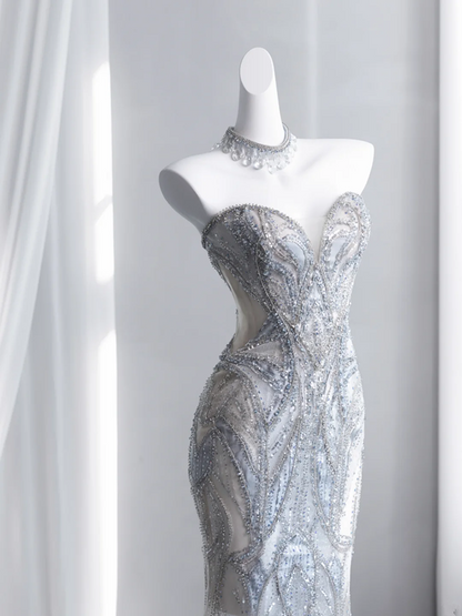 Light gray-blue strapless, fitted, bodycon, fishtail long ball gown R8431