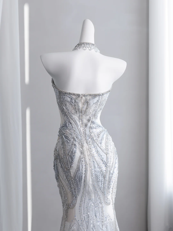 Light gray-blue strapless, fitted, bodycon, fishtail long ball gown R8431