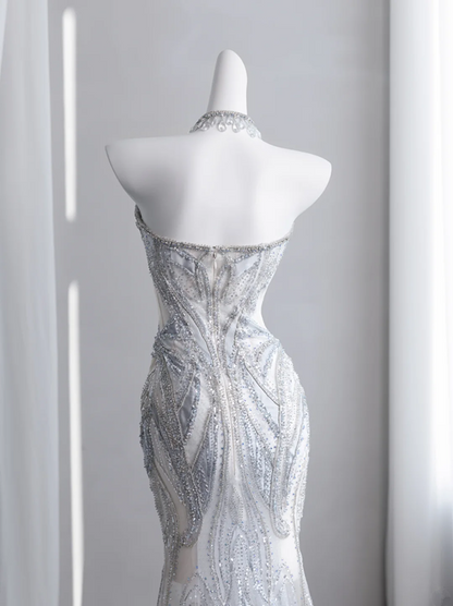 Light gray-blue strapless, fitted, bodycon, fishtail long ball gown R8431