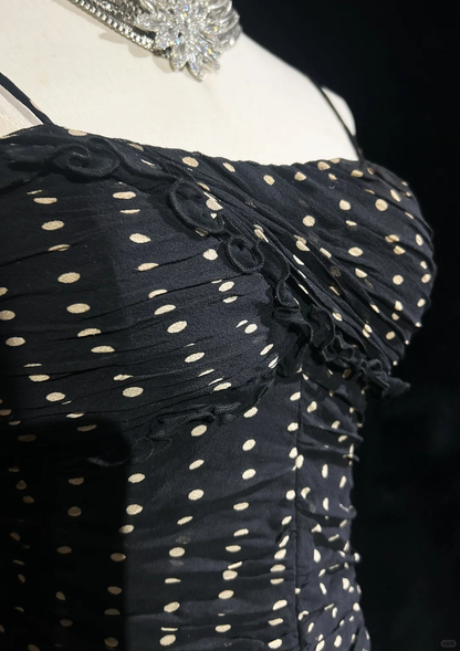 Black suspender polka dot pleated waist slim hip mid-length skirt homecoming dress R4923