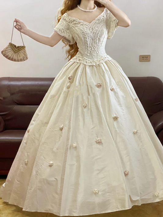 Ivory White V-Neck Waist-Cinched Puffy-Hem Ball Gown, Bridal Gown R7329