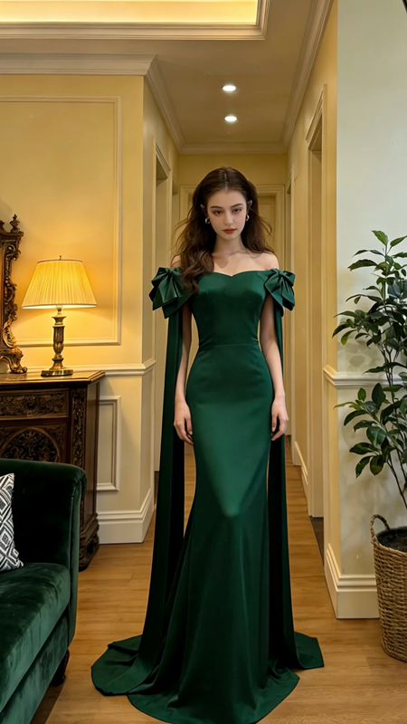 Green off-the-shoulder fitted waist slimming hip-hugging sexy long ball gown R8619