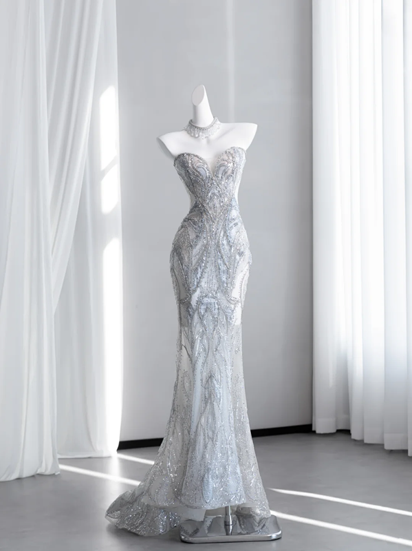Light gray-blue strapless, fitted, bodycon, fishtail long ball gown R8431