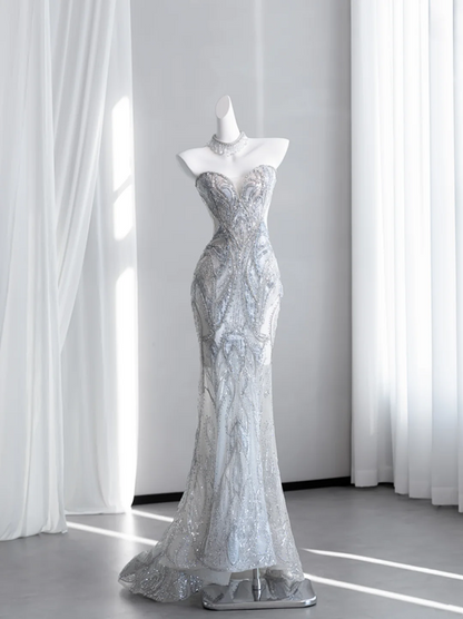 Light gray-blue strapless, fitted, bodycon, fishtail long ball gown R8431