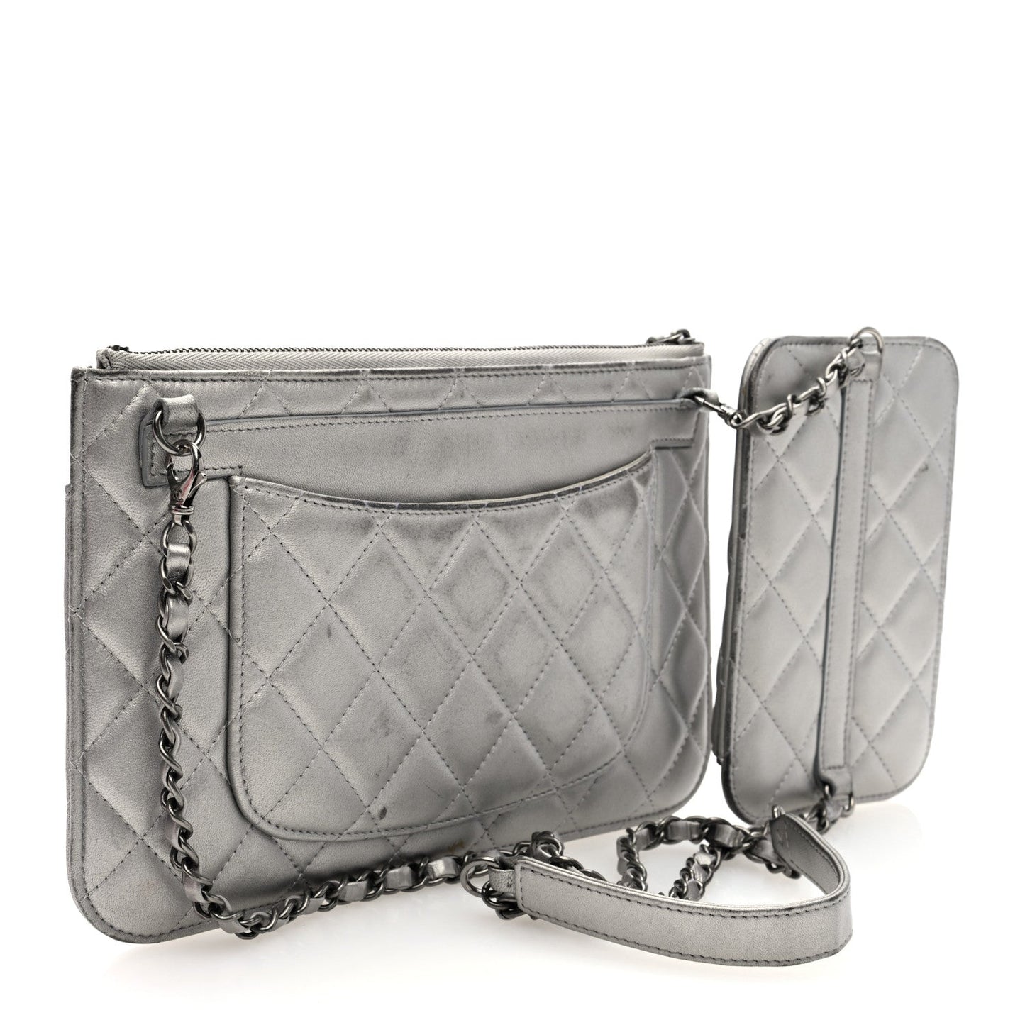 Metallic Lambskin Quilted Clutch With Chain Silver