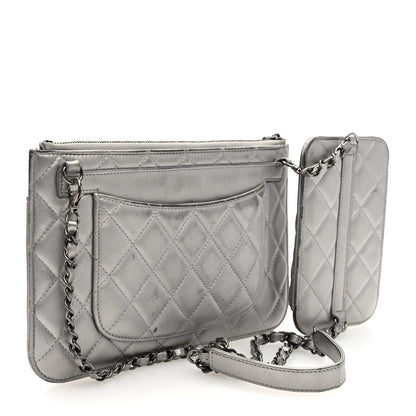 Metallic Lambskin Quilted Clutch With Chain Silver